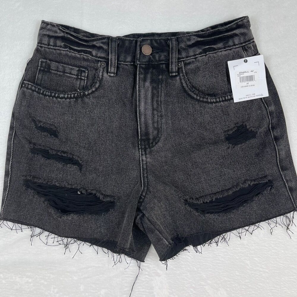 O'Neill Denim Shorts Women‎ 26 Black Angus High Waisted Distressed Frayed Hem